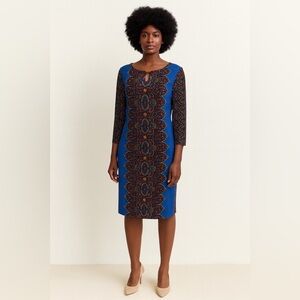 Emma & Michele Blue Sheath Dress with 3/4 Sleeves and Scoop Neck for Casual Wear